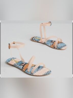 Qupid Blush Ankle-Strap Sandals with Blue Snake-Print Footbed